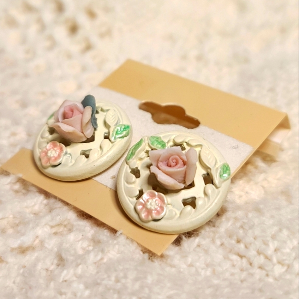 Vintage porcelain rose stud earrings